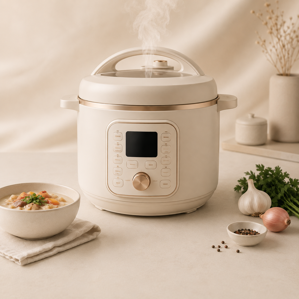 Minimal Instant Pot style multi-cooker with ingredients