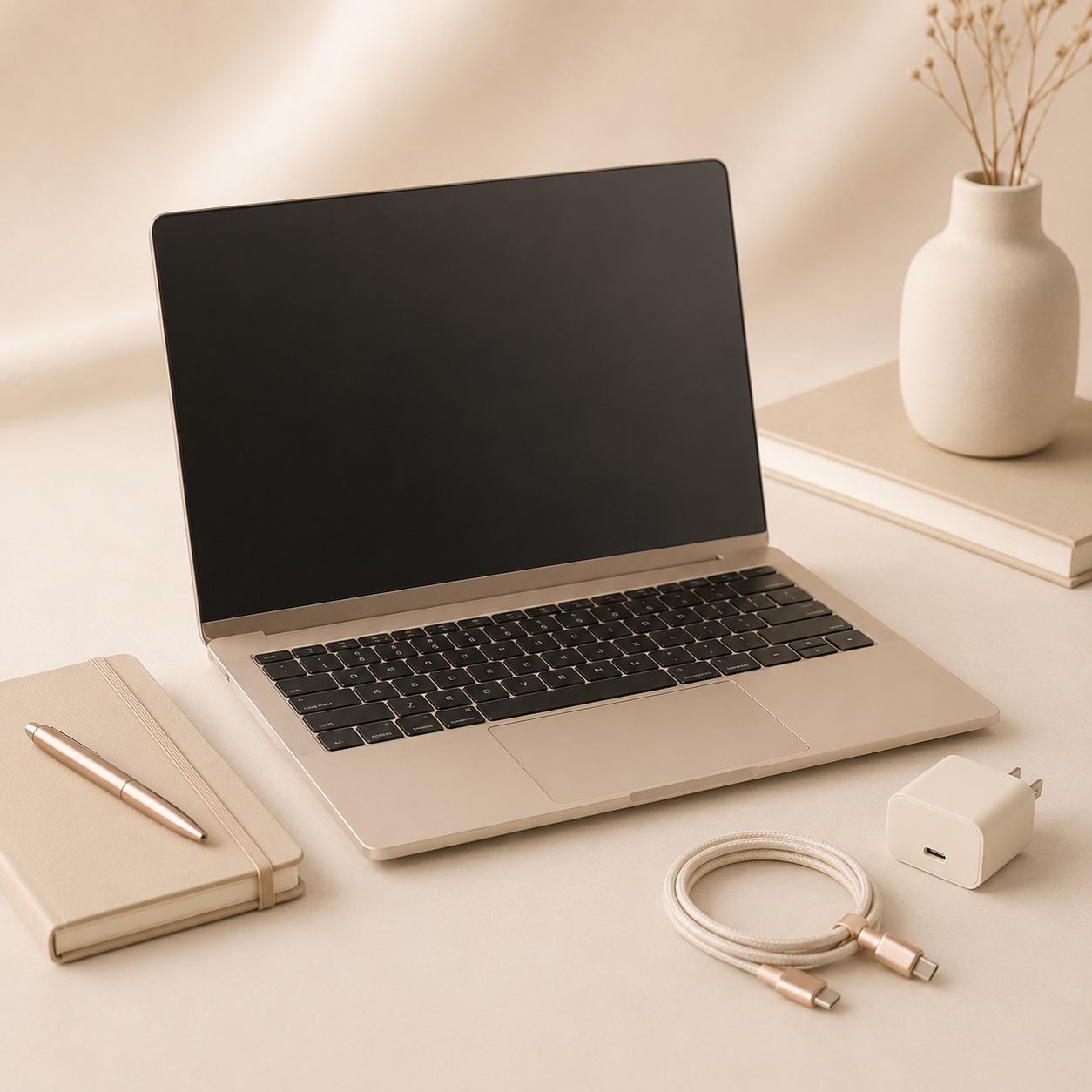 Minimal laptop workspace with notebook, charger and cable