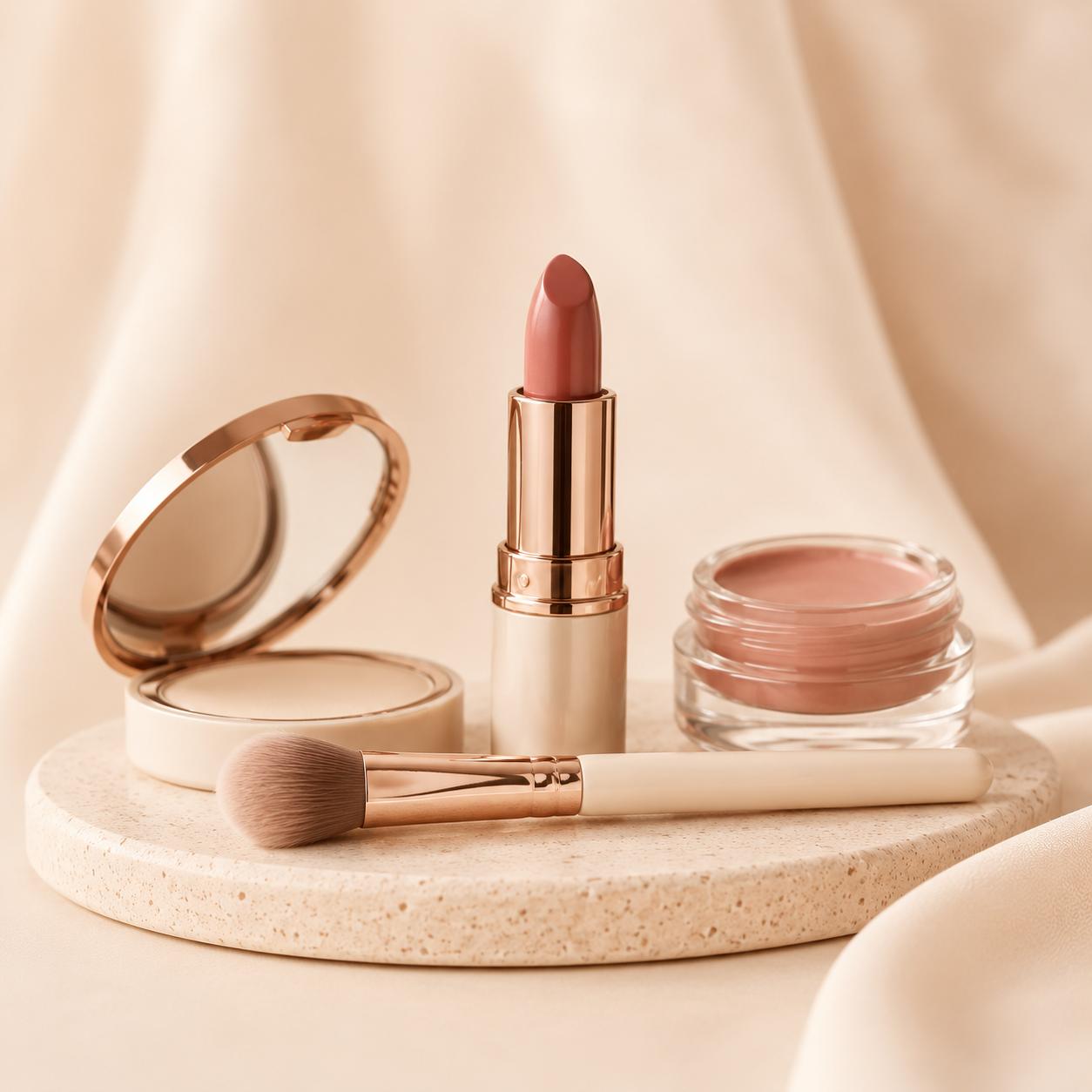 Elegant makeup essentials including lipstick, powder, cream and brush