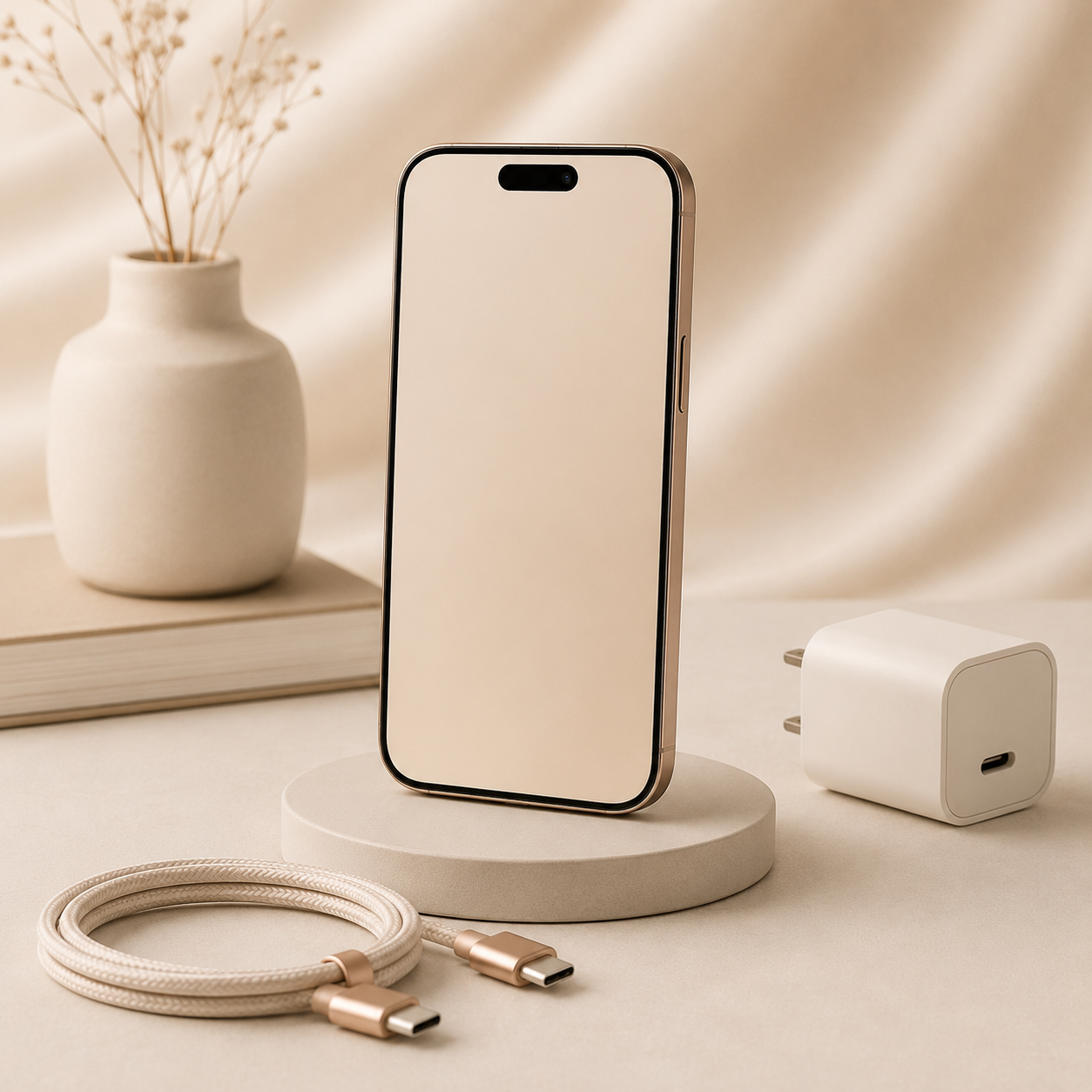 Modern smartphone with charger and cable in neutral tones