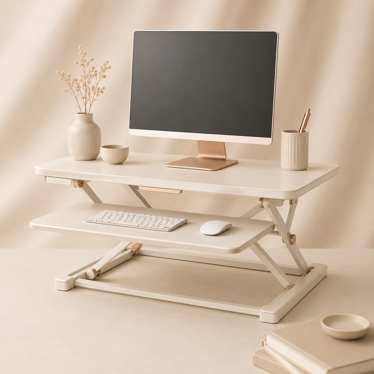 Minimal standing desk converter workspace setup