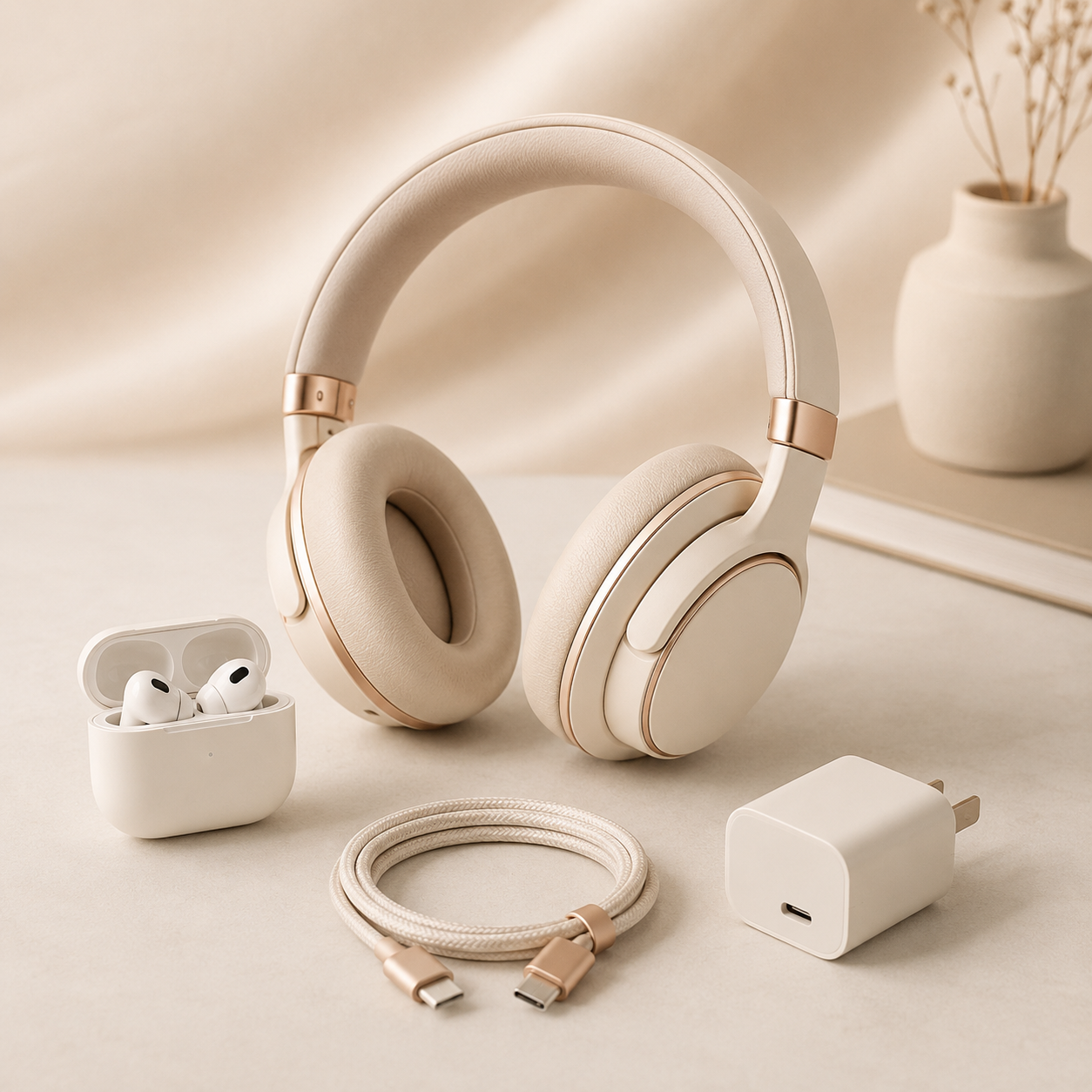 Tech accessories including headphones, earbuds, charger and cable