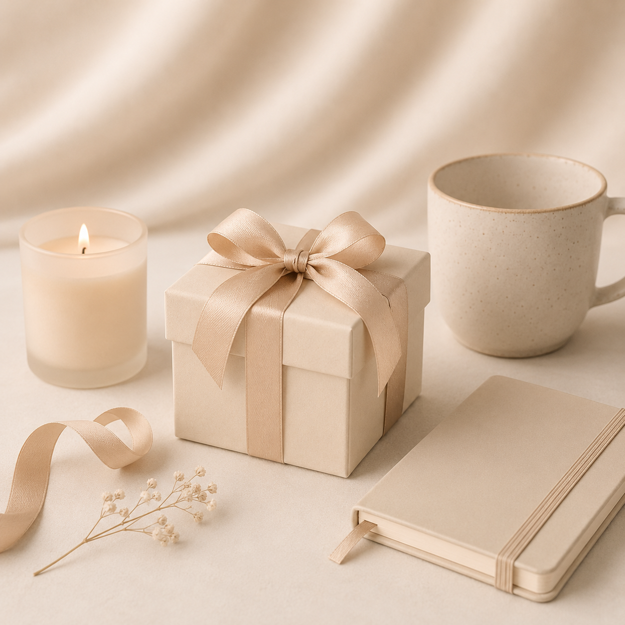 Neutral toned gift box, candle, mug and notebook